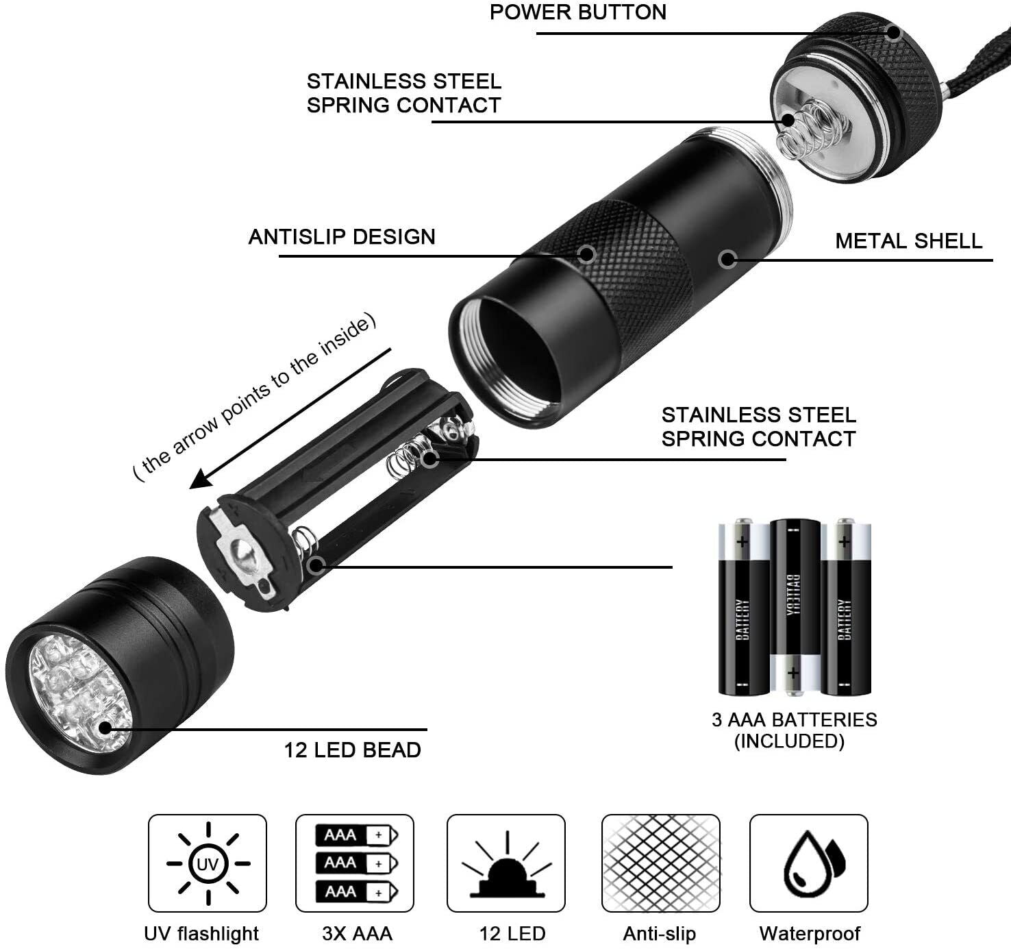 Disc Connection Performance UV Torch Flashlight 12 LED